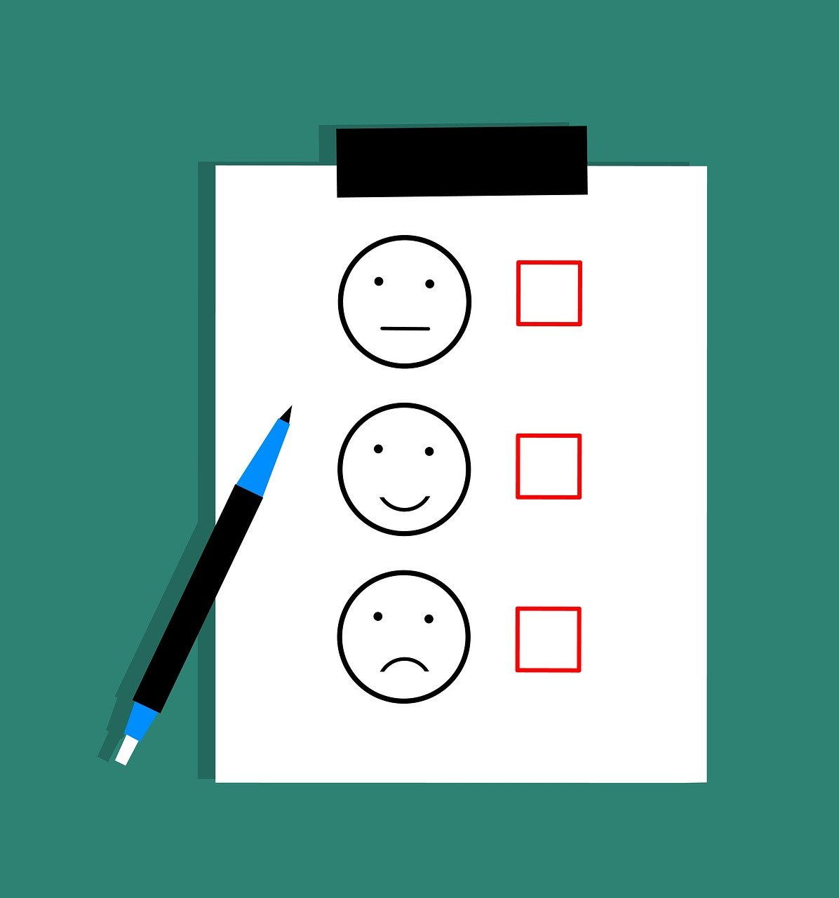 graphic of a clipboard with smiley, neutral, and frowny face with checkboxes