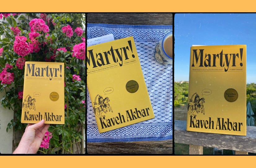 Three photos of Martyr! on three different backgrounds: roses, a blue placemat next to a mug of tea, the blue sky.