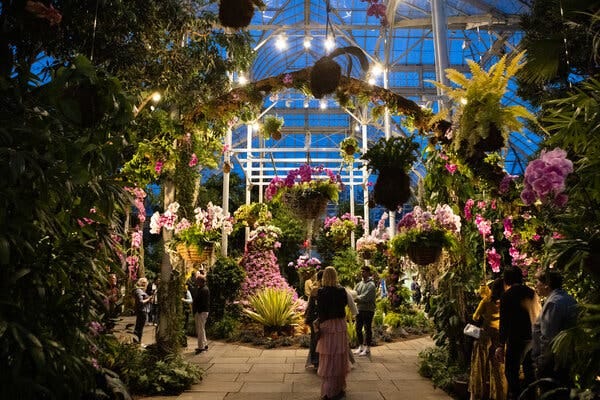 The glass-domed conservatory at the New York Botanical Garden in the Bronx is filled with orchids.