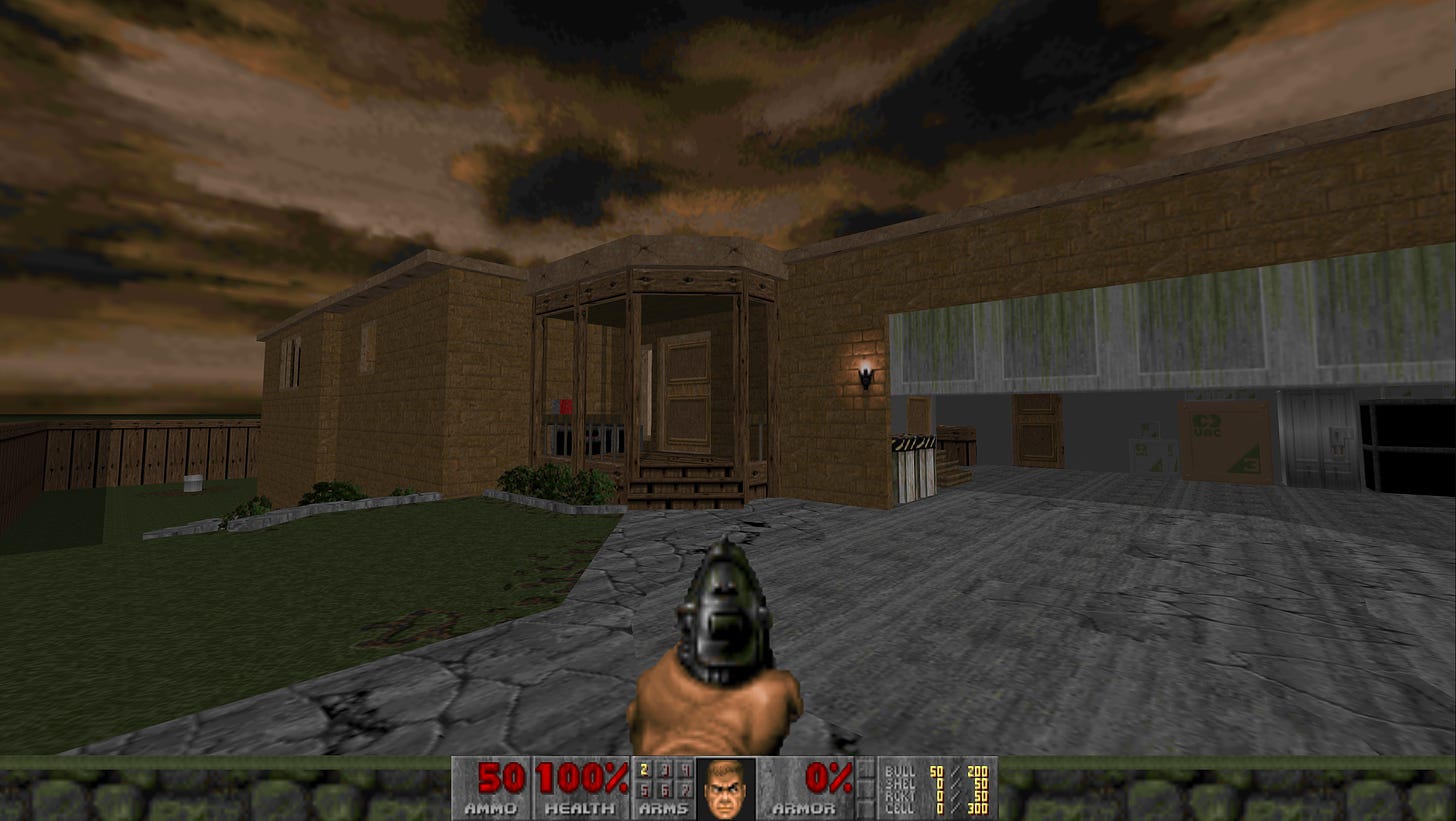 Initial image of the house in MyHouse.wad, a Doom II level of a normal house.
