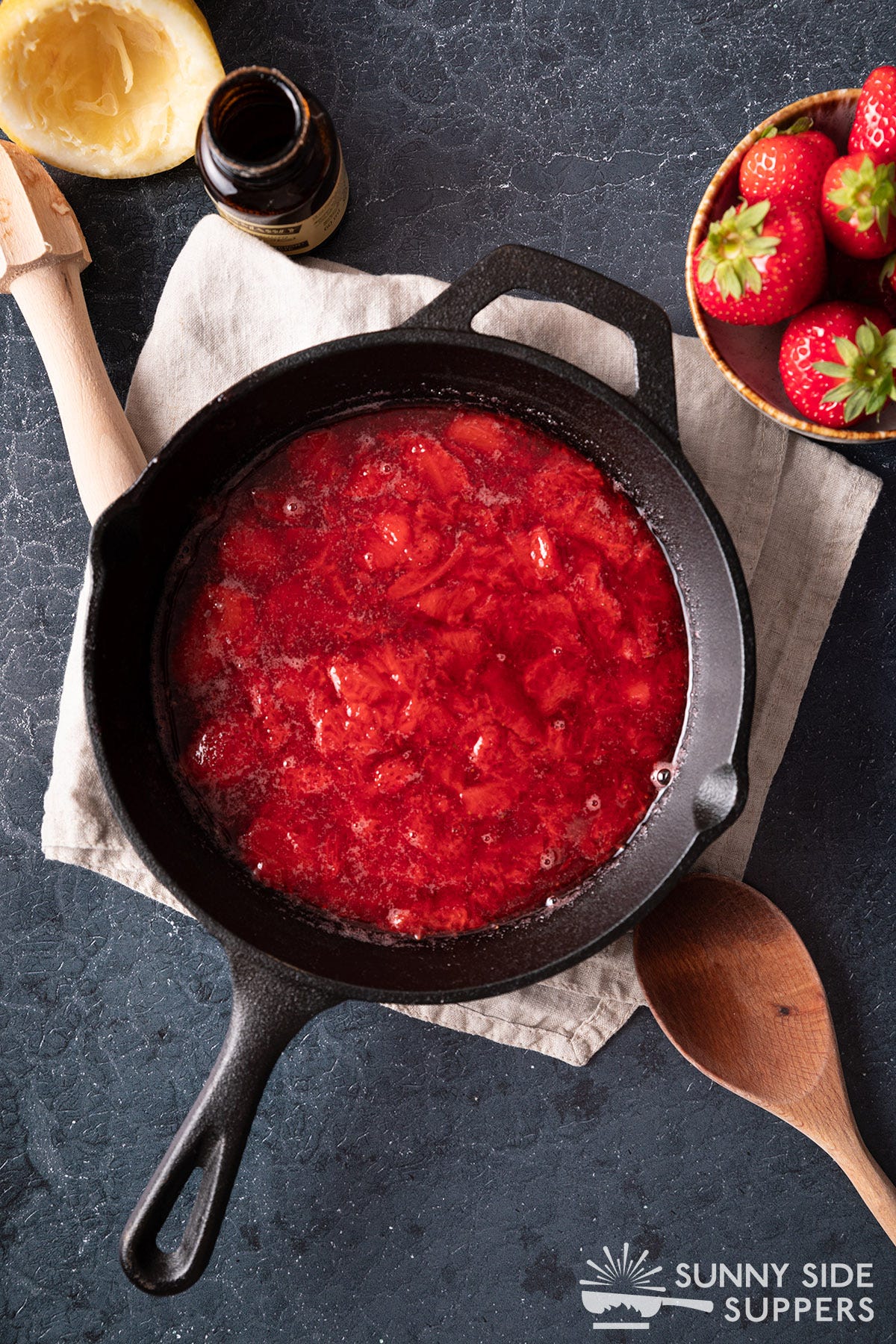 A pan with fresh strawberry sauce.