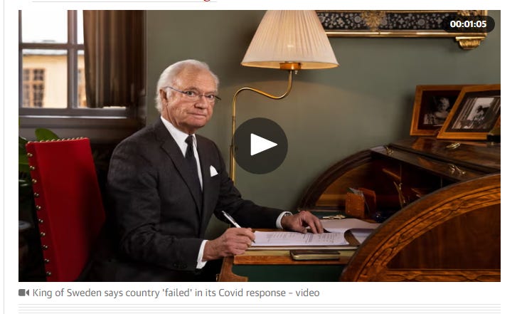 screencap of the King of Sweden declaring the country failed in its Covid response