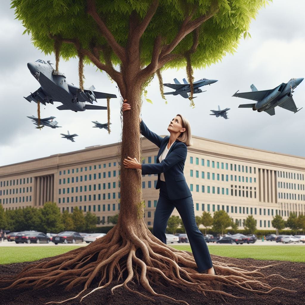a middle aged woman in a pant suit with shoulder length light brown hair pulling up a tree out of the ground in the middle of the us military's pentagon with its roots coming out of the ground and the branches of the tree having warships and aircraft hanging like fruit, social realism