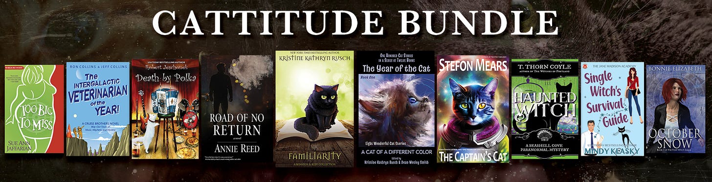 ten bright covers--science fiction, mystery, fantasy, short stories--most featuring cats on the covers