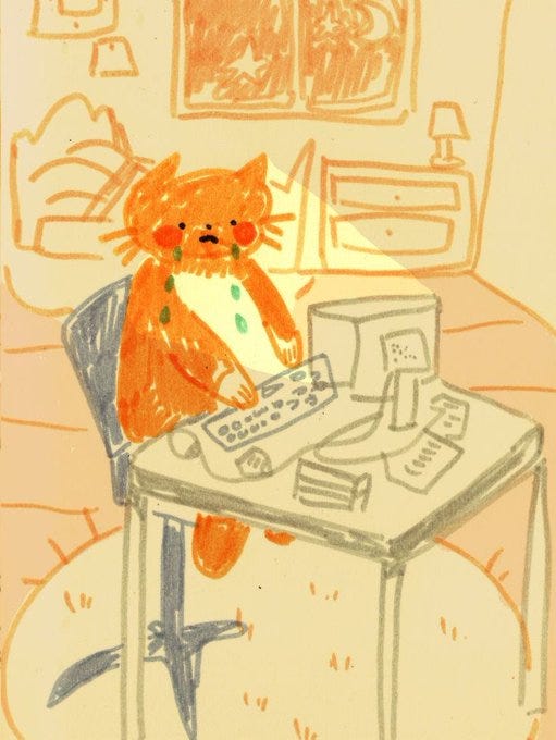 A rough marker sketch on a Post-it note showing a zaftig cat of the orange variety typing on what appears to be a computer from 1997 while he cries little blue dot tears. He seems to be in a bedroom with a round fuzzy rug beneath his desk and a bed, window, and dresser behind him. It’s giving work-from-home journalist.