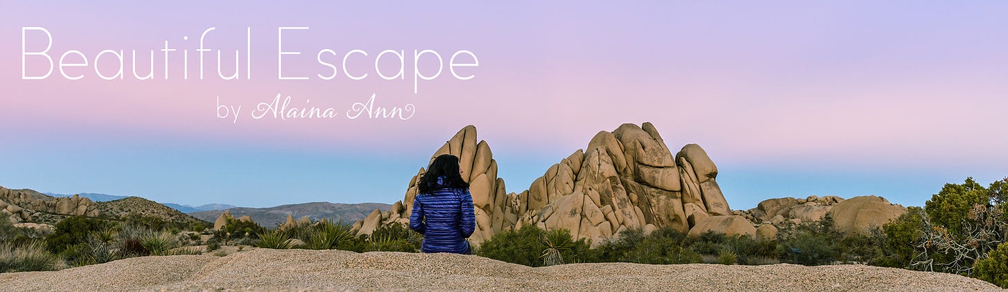 Beautiful Escape by Alaina Ann, written over a photo of a woman in a purple jacket sitting on a large rock overlooking distant desert rock formations.