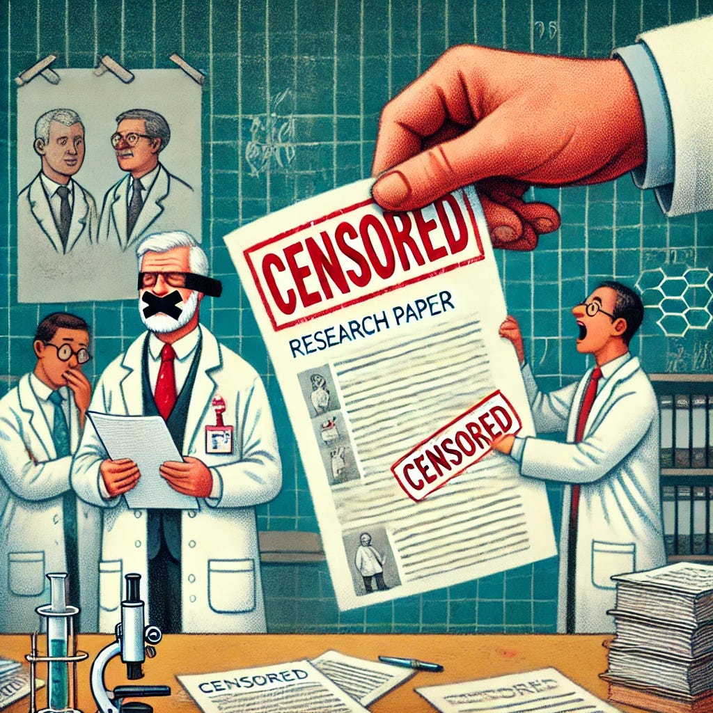 A satirical cartoon depicting censorship in science. The image shows a scientist in a white lab coat holding a research paper, but a large red 'CENSORED' stamp is being pressed over it by a giant hand labeled 'Authority.' In the background, other scientists look worried as they try to share findings, but their mouths are taped shut or their documents are being shredded. The setting is a research lab with charts and books around, emphasizing the scientific context.