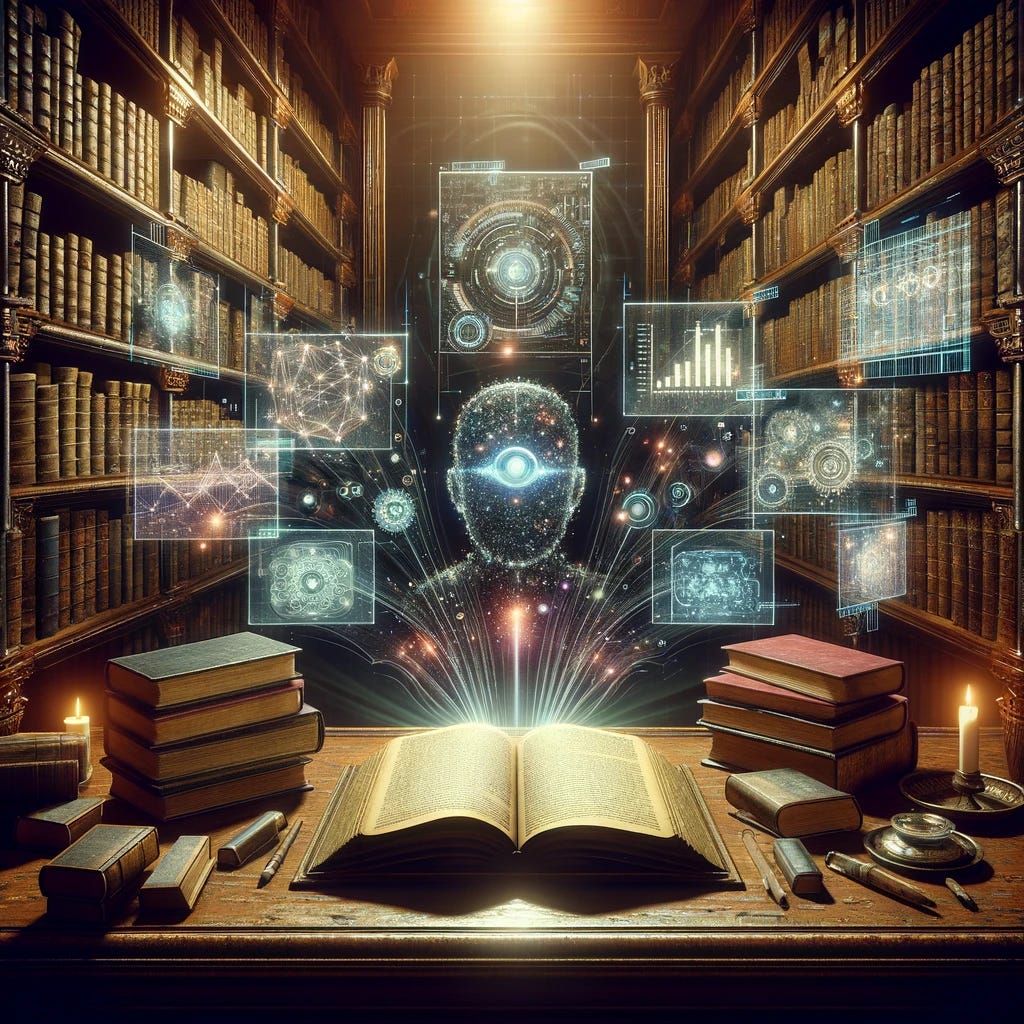 A conceptual illustration representing the most influential artificial intelligence research papers of 2023. The image features a large, antique wooden desk in a dimly lit, vintage library setting. On the desk, there are several open books and scrolls, symbolizing the research papers. Each book and scroll glows with a soft, ethereal light, suggesting their significance. Above the desk, floating holograms display futuristic graphs, equations, and abstract data visualizations, representing the advanced nature of the research. The background is filled with towering bookshelves, brimming with old books, casting long shadows in the ambient light.