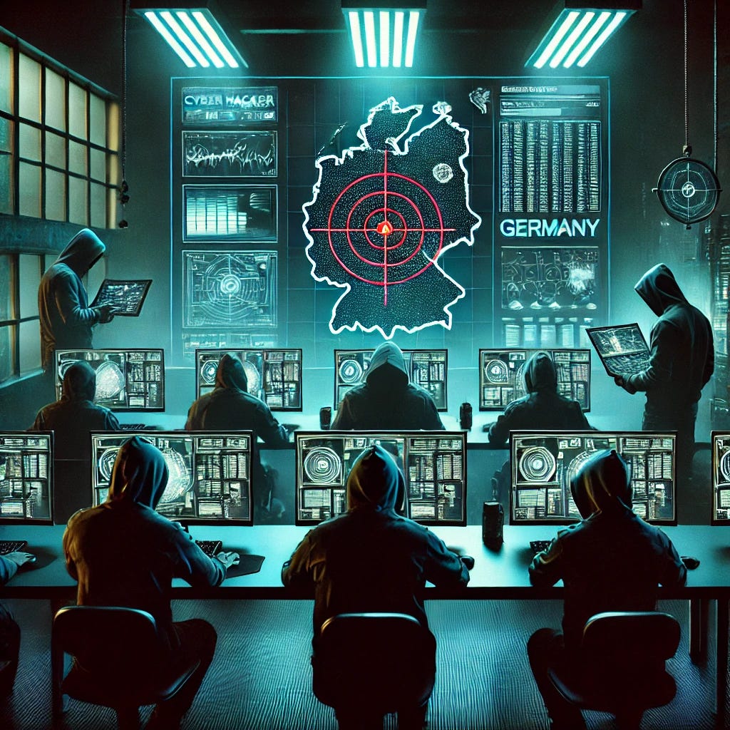 A group of cyber hackers working in a dimly lit room filled with advanced computer screens and electronic equipment. The hackers are wearing dark hoodies, focused on their monitors. On the wall behind them, a large digital map of Germany is displayed, prominently featuring a red bullseye target. The scene is set with a tense and secretive atmosphere, highlighted by blue and green neon lights casting eerie shadows across the room, giving it a high-tech, futuristic feel.