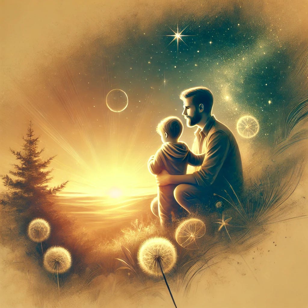 A thoughtful and warm scene depicting a father and child sharing a moment of discovery and aspiration. They're outdoors, perhaps looking at the stars or horizon, symbolizing endless possibilities. The atmosphere is filled with a gentle, hopeful glow that reflects dreams, legacy, and future aspirations. Soft, natural colors highlight the emotional connection between parent and child, subtly illustrating the interplay between hopes, dreams, and the passage of legacy. No text included.
