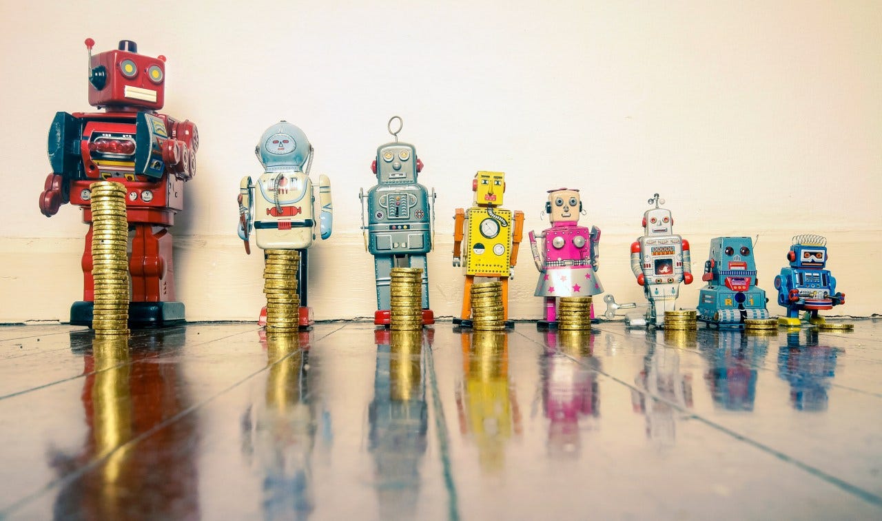 A line of retro toys with stacks of gold coins on a wooden floor