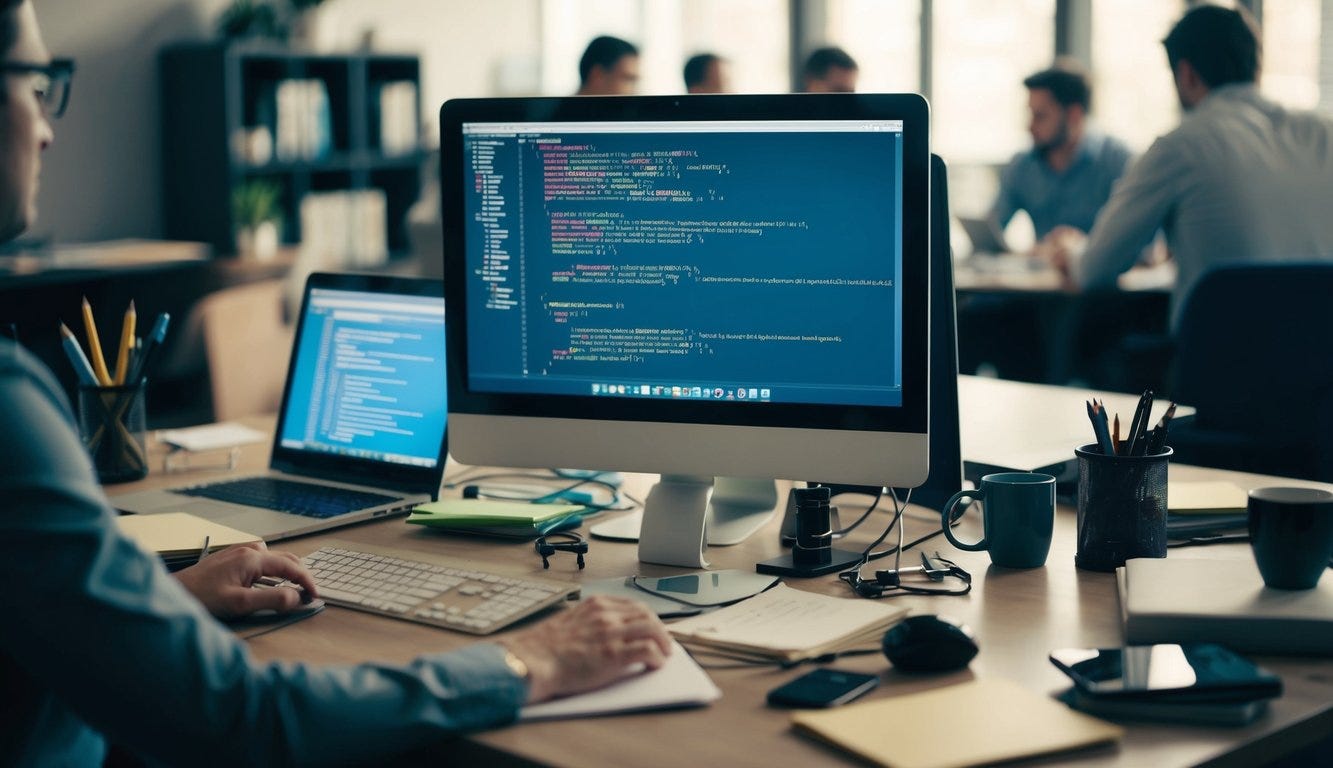 A cluttered desk with unfinished code, an outdated computer, and a lack of engagement with colleagues