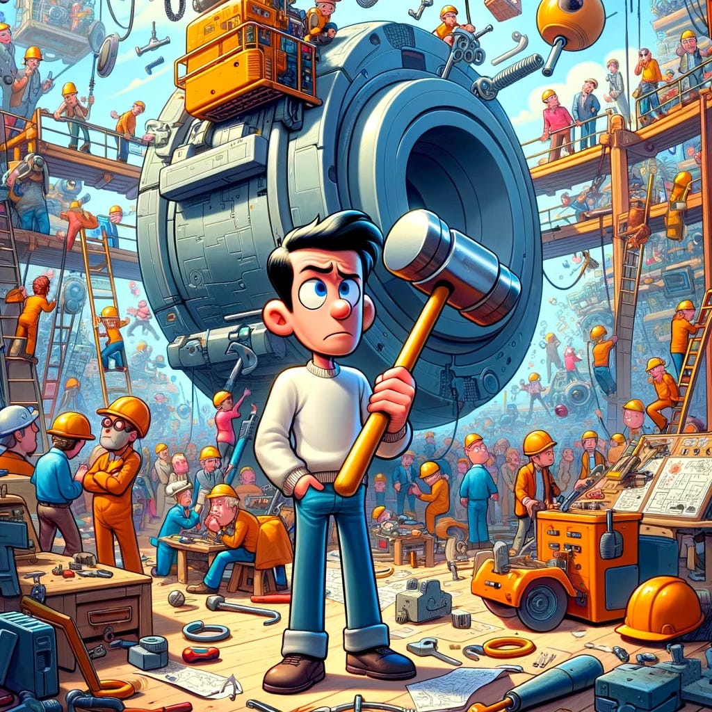 Reimagining the previous vibrant cartoon scene, now with an additional focal point: a character stands in the foreground, holding a simple, oversized cartoon hammer. This character, prominently positioned closer to the viewer than the chaotic backdrop, appears visibly confused and slightly overwhelmed. They are dressed in modern, casual attire, contrasting with the surreal and complex activity happening behind them. Their expression captures a mix of determination and perplexity, as they gaze upon the massive, futuristic machine being tackled by a multitude of people in the background. The machine itself is a hive of activity, with characters climbing, adjusting, and engaging with its intricate components using a variety of simple tools. The setting remains a chaotic workshop, filled with tools, blueprints, and machine parts, emphasizing the contrast between the simplistic approach of the character in the foreground and the complex challenge that lies before them. The entire scene is rendered in a bright, colorful cartoon style, highlighting the humor and absurdity of the situation with exaggerated features and expressions.