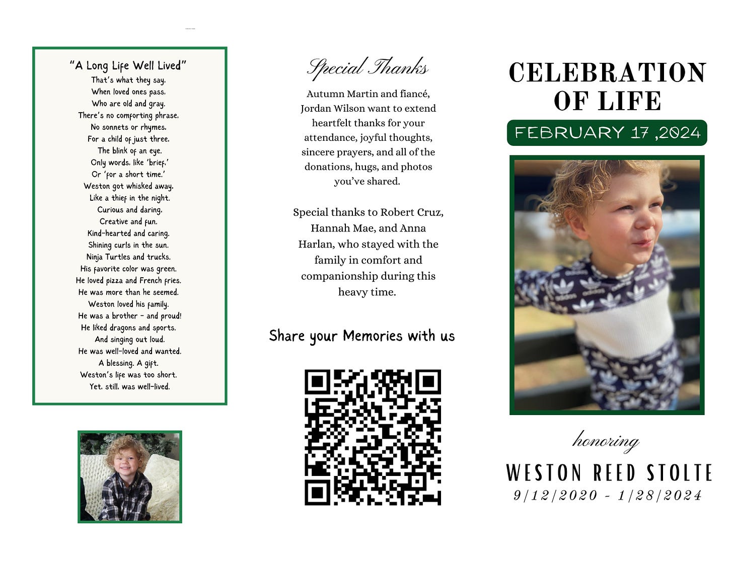 A poem, Special thanks, and photo of Weston Reed. A poem, Special thanks, and photo of Weston Reed.