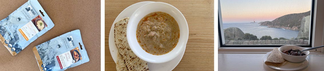 Two packets of ready to eat hiking meals, bowl containing coconut and chicken ginger curry with naan, and breakfast against a window with a view of the ocean.