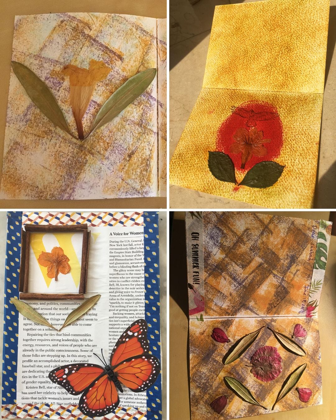 A panel of 4 photos of cards and letters I decorated prior to writing in them using distress ink pads, pressed dried plants, washi tape, and dried used cinnamon sticks and magazine cut outs A panel of 4 photos of cards and letters I decorated prior to writing in them using distress ink pads, pressed dried plants, washi tape, and dried used cinnamon sticks and magazine cut outs