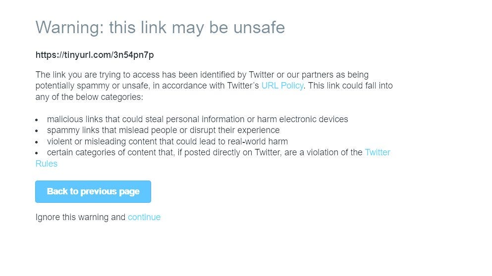 A warning from Twitter THIS LINK MAY BE UNSAFE