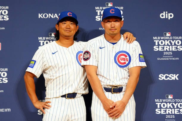 Shota Imanaga and Seiya Suzuki of the Chicago Cubs pose for a photo during a press conference during the 2025 Tokyo Series workout day at Tokyo Dome... Shota Imanaga and Seiya Suzuki of the Chicago Cubs pose for a photo during a press conference during the 2025 Tokyo Series workout day at Tokyo Dome...