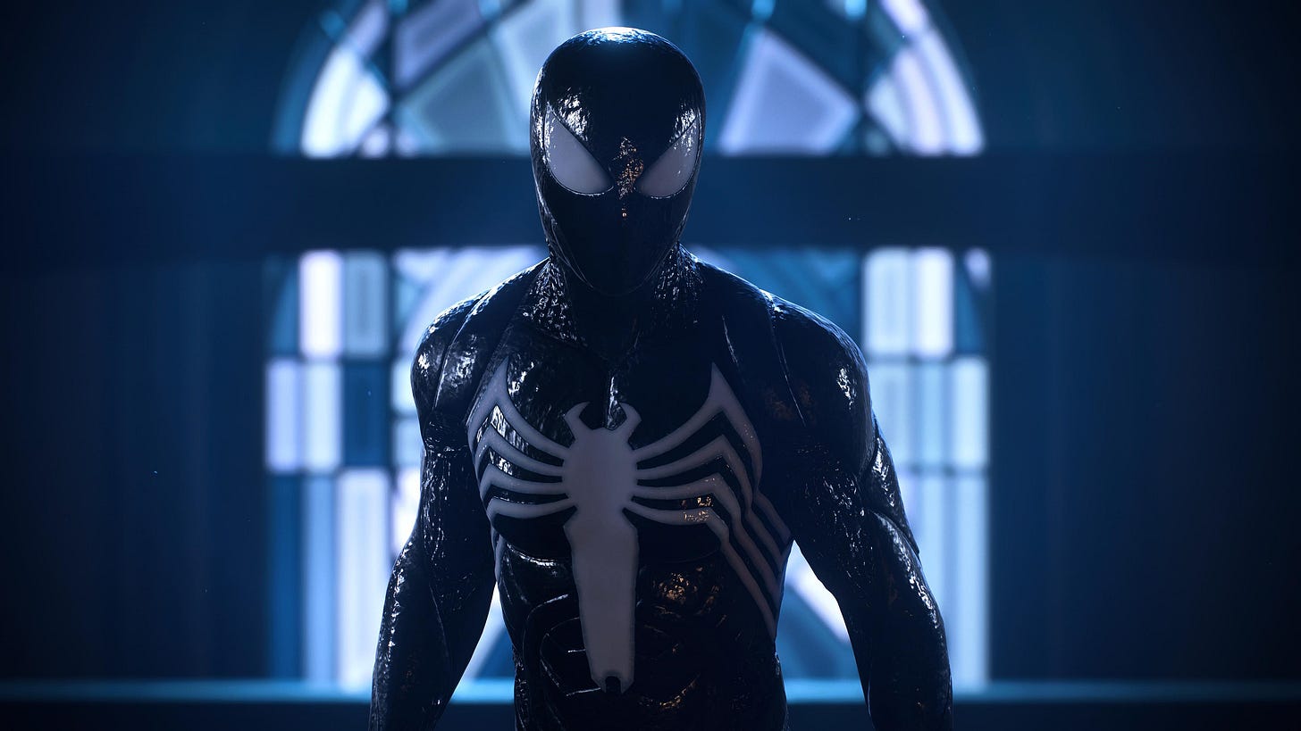 Symbiote Spider-Man in a dark church, with the source of light the stainglass window directly behind him.