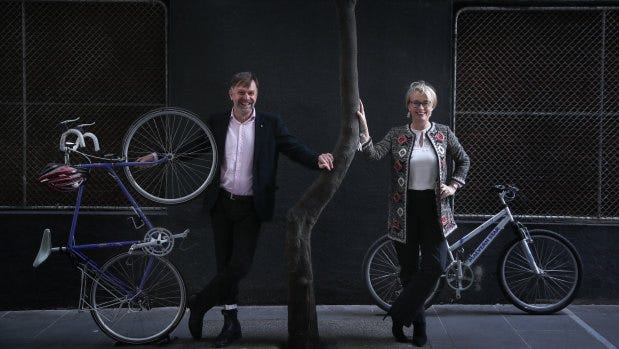 Lord mayor Sally Capp and transport portfolio chair Nic Frances-Gilley launching the council's cycling strategy.