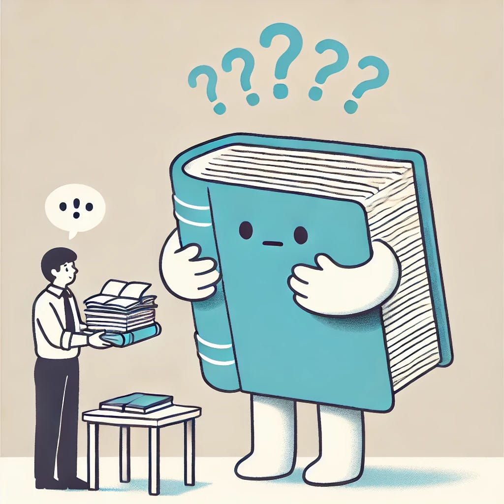 A simple and humorous illustration depicting a person reading a large, intimidating book with steam coming out of their head (indicating confusion or feeling overwhelmed), while a friendly person beside them hands over a smaller, simplified book. The scene is lighthearted and set in a minimalistic, clean environment, with soft, inviting colors like light blue, pastel yellow, and white.