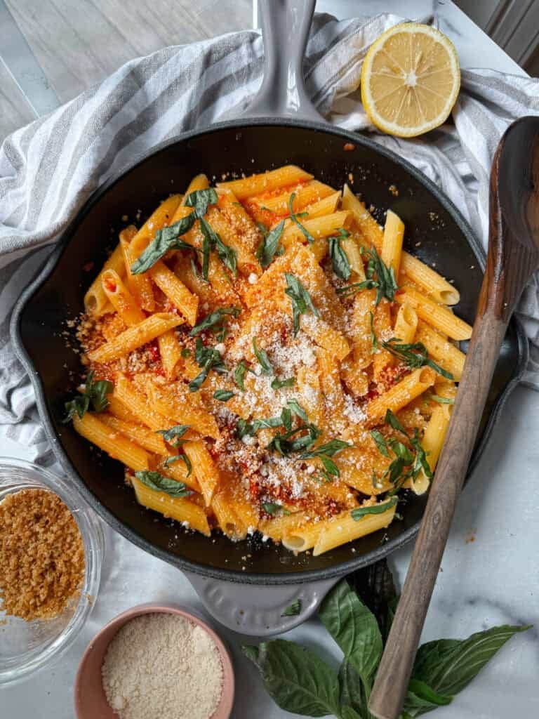 PASTA WITH ROMESCO SAUCE in a skillet pan.