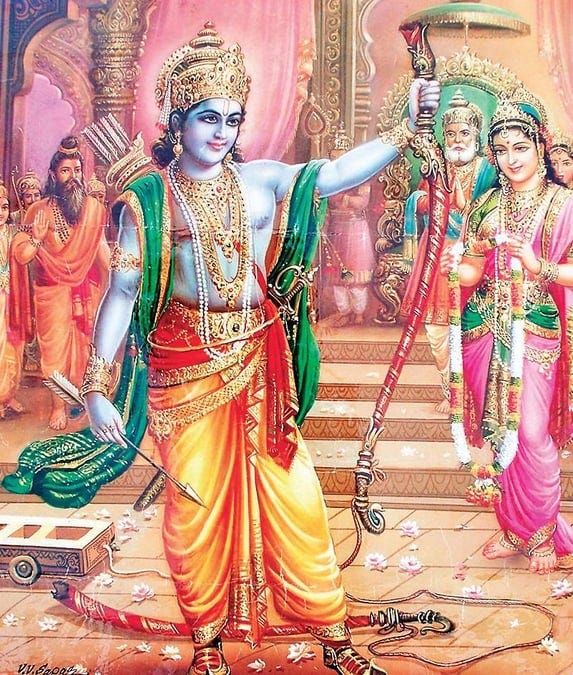 Rama breaks the divine bow to marry Sita