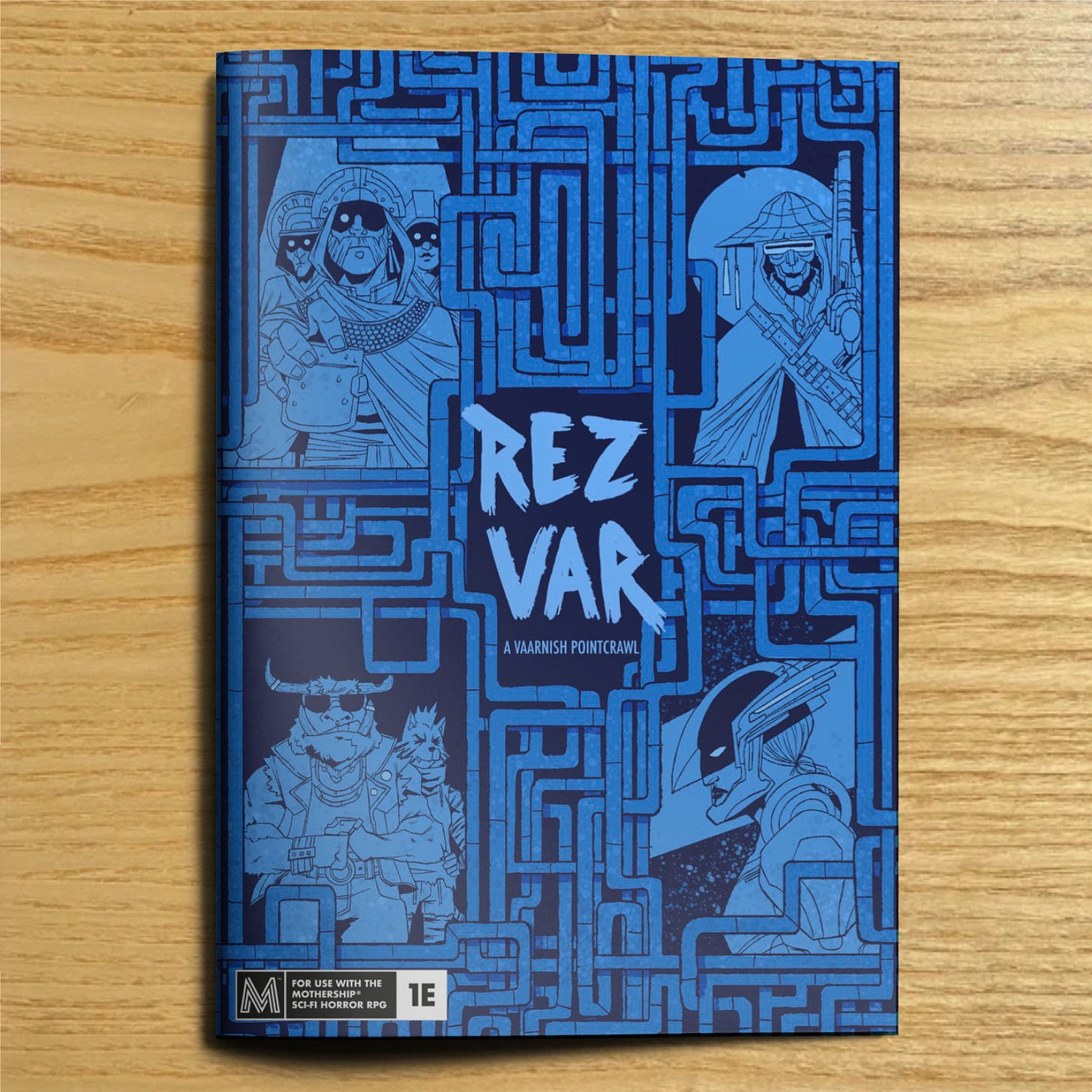 The cover of REZVAR, featuring multiple character illustrations which are surrounded by pipe-like designs