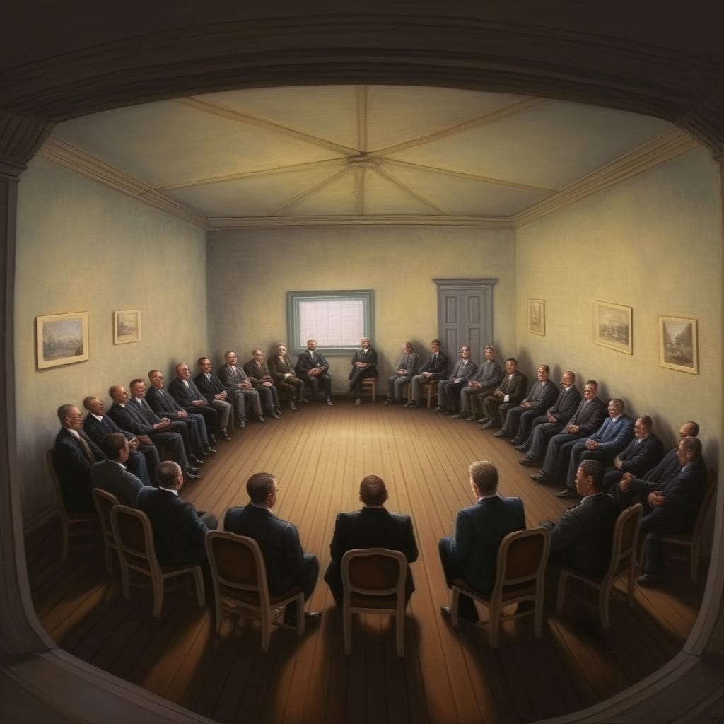 a room of men all thinking they are smarter then the rest of the room