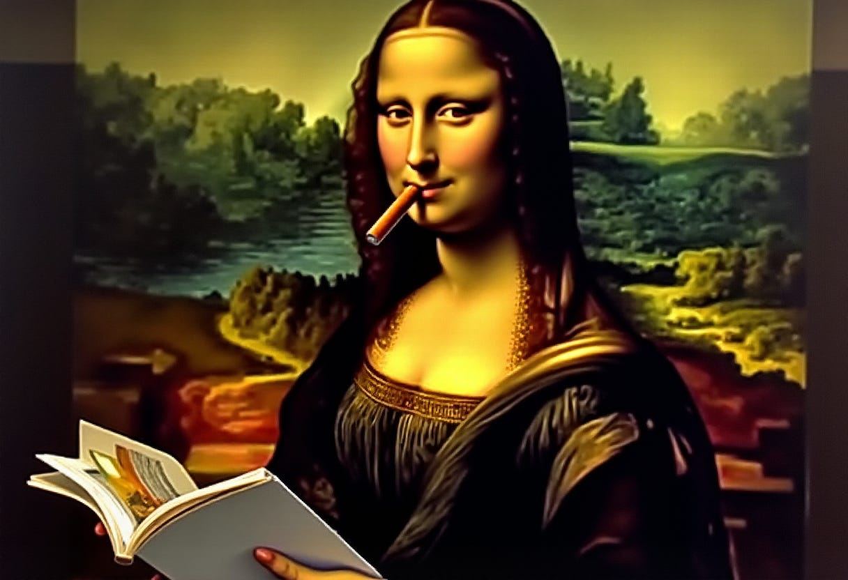 mona lisa smoking a cigar and reading a magazine