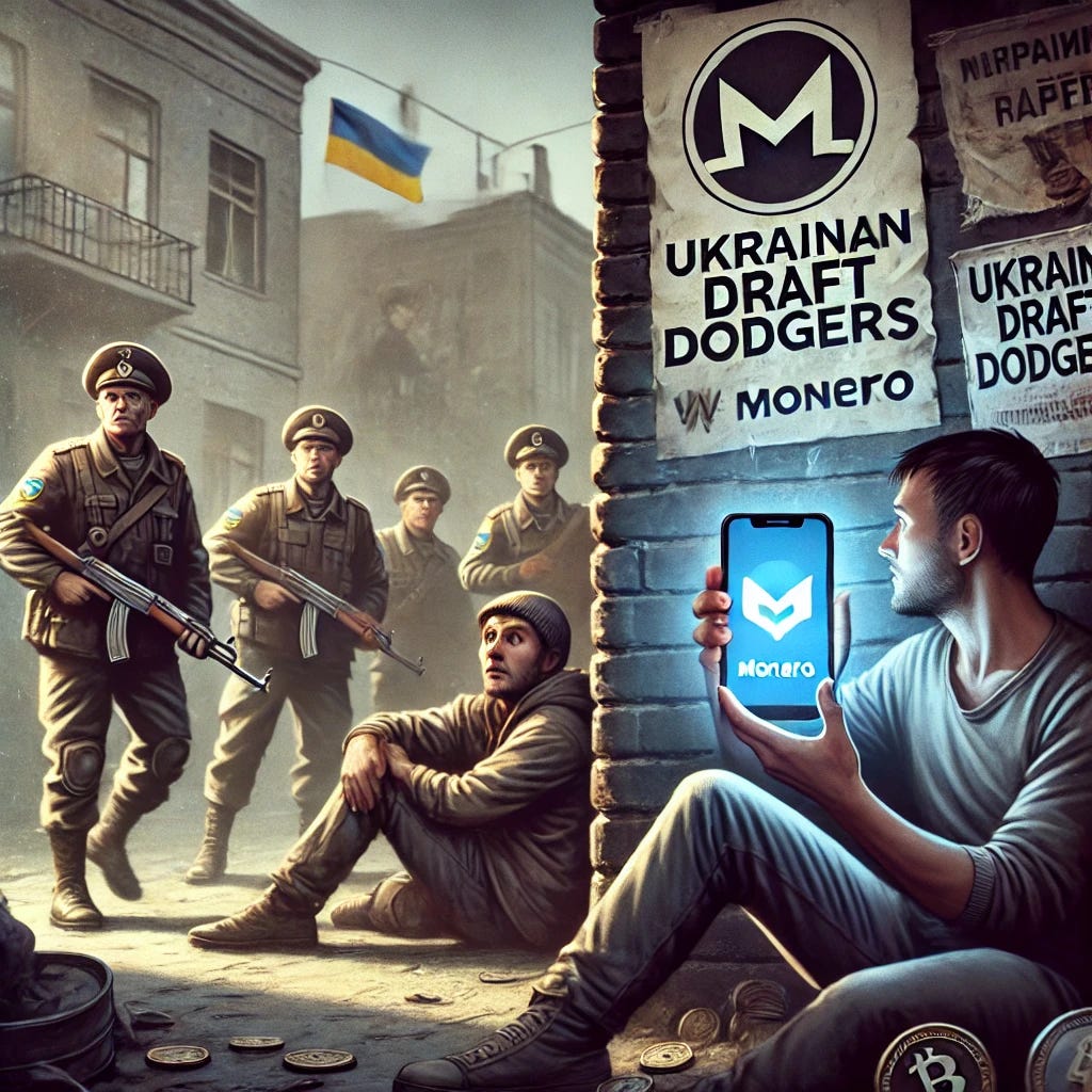 A tense scene with Ukrainian draft dodgers hiding in a war-torn urban area. They are gathered in a shadowy corner, looking worriedly at uniformed officers patrolling nearby. One person is holding a smartphone with the Monero logo prominently displayed on the screen, symbolizing a secure transaction. The background shows damaged buildings and posters calling for conscription. The atmosphere is filled with urgency, fear, and a glimmer of hope for financial autonomy through Monero.