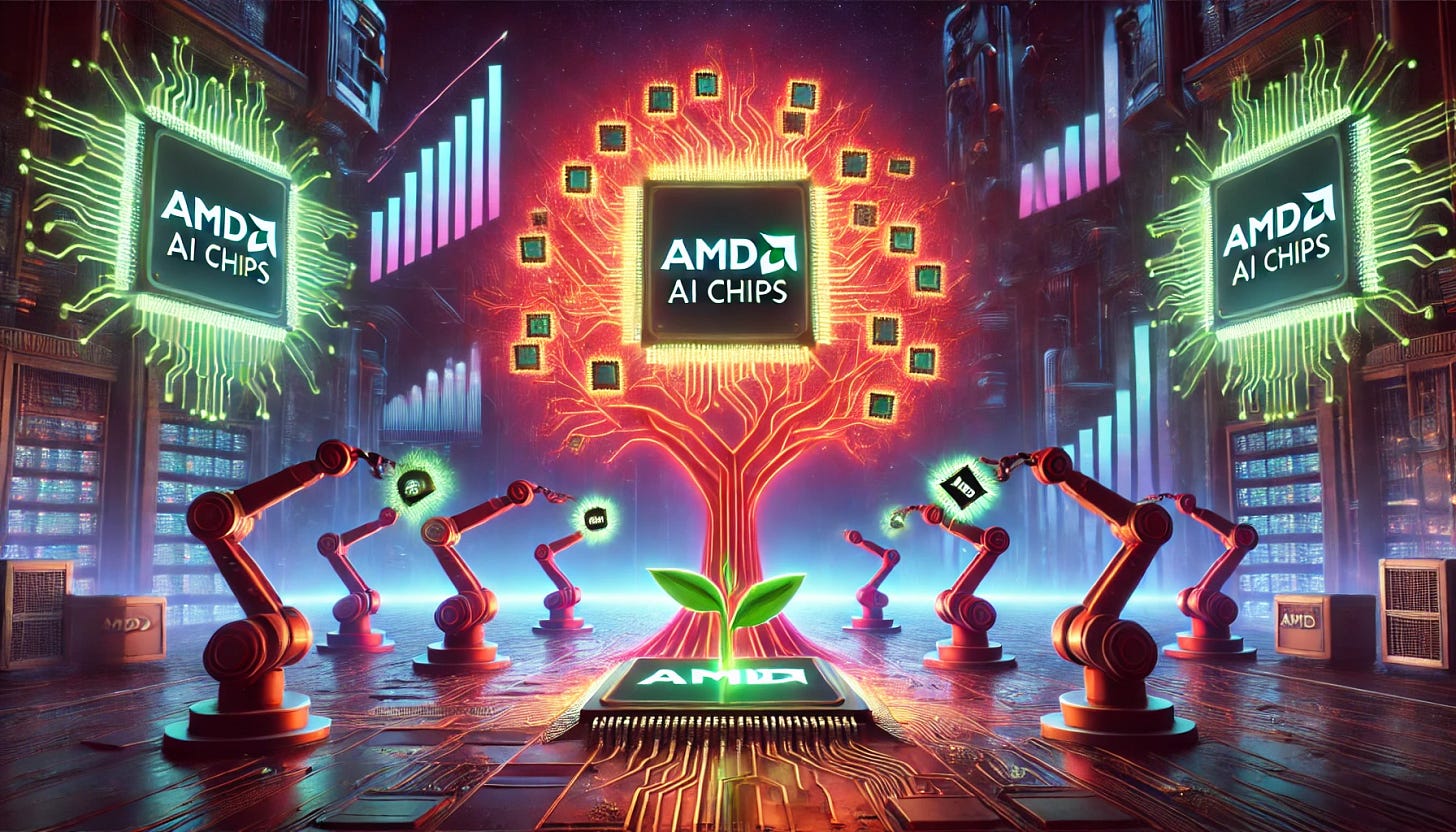 A 16:9 vibrant futuristic illustration symbolizing AMD's growth in AI chip solutions. The scene features a glowing red AMD-branded tree, with its branches resembling circuits and AI chips as its fruits, representing innovation and expansion. Surrounding the tree are robotic arms planting and nurturing smaller AI chip plants, symbolizing growth and development. The background showcases a high-tech industrial setting with holographic graphs showing rising trends for AMD in the AI market. The emphasis is on progress, innovation, and a bright future for AMD's AI chip solutions.