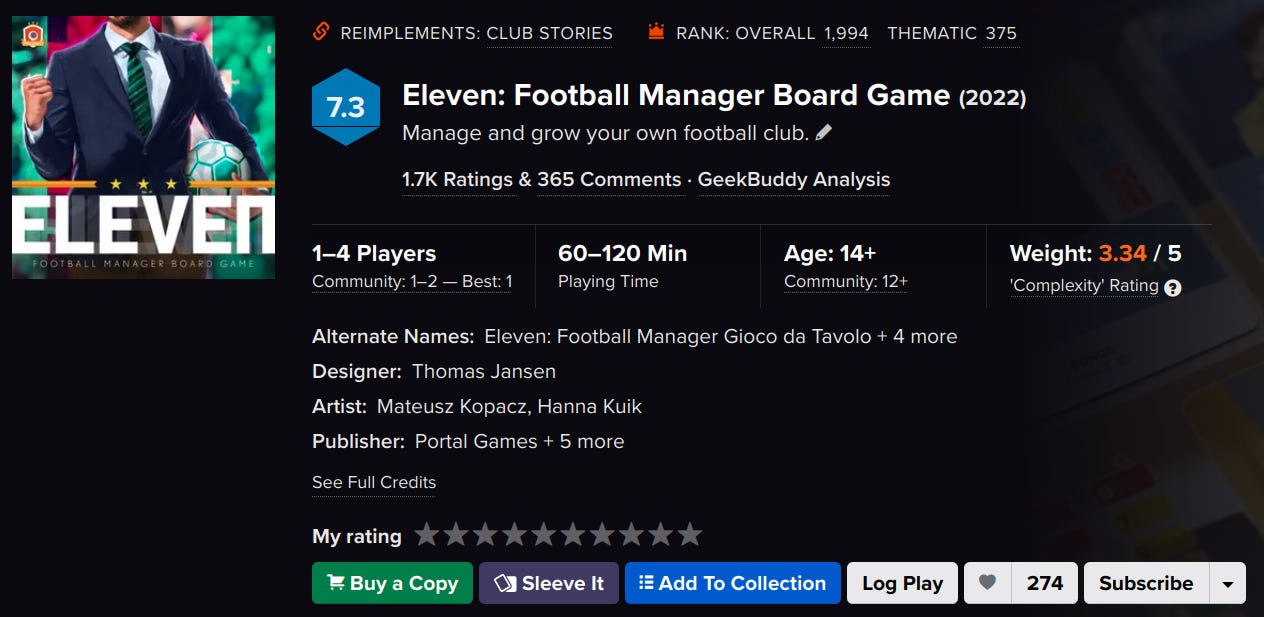 Eleven Football Manager Board Game