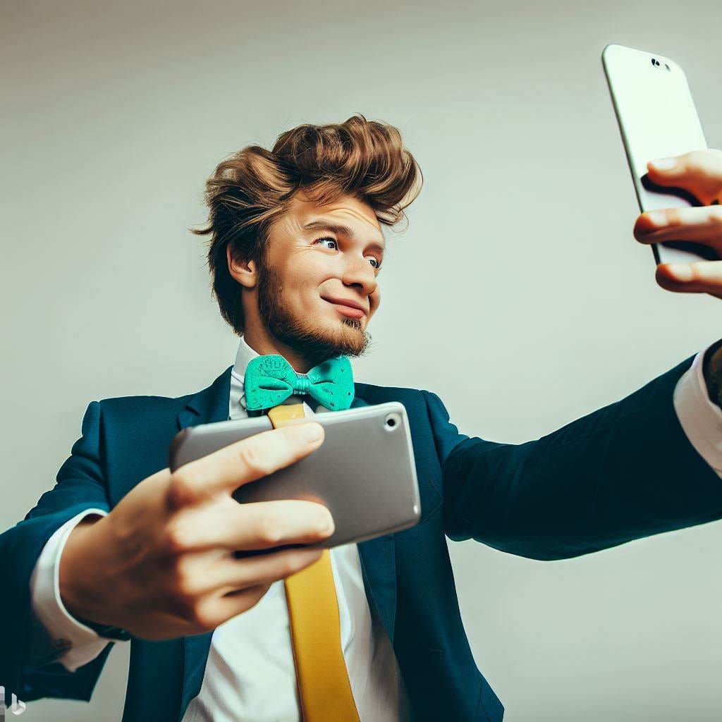 goofy man taking selfie with multiple phones