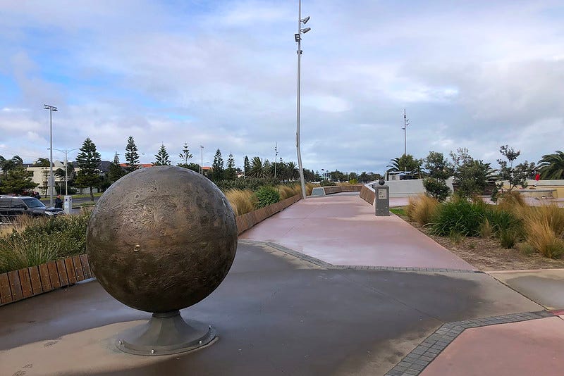 The sun, built to scale along St Kilda's Solar System Trail, a fun day hike in Melbourne.