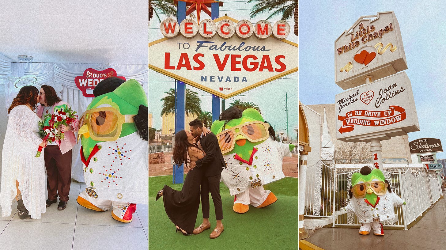 Three photos of a the Duolingo mascot (big green owl) dressed as Elvis and marrying couples in Las Vegas