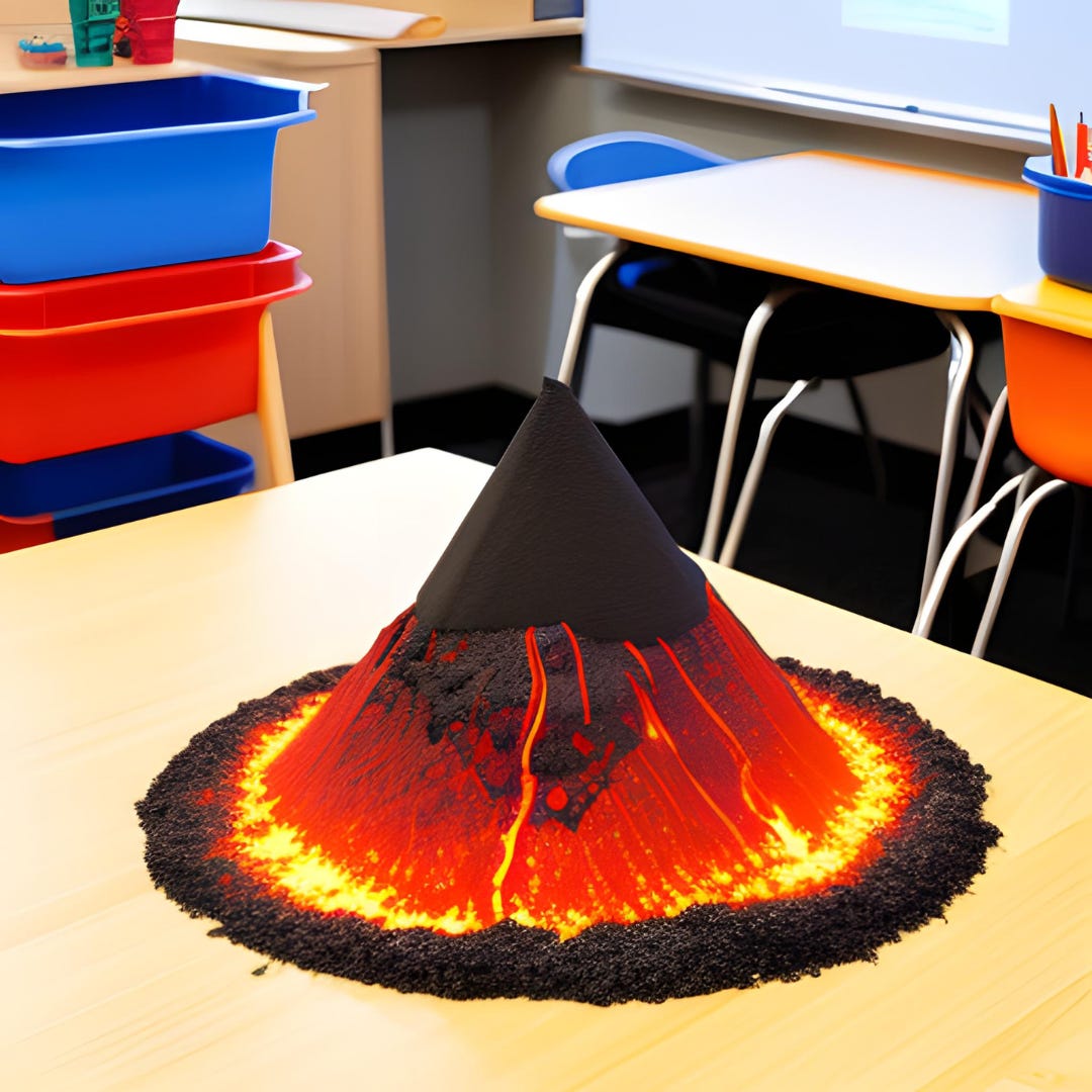 A picture of an art project volcano melting down on a table in a classroom