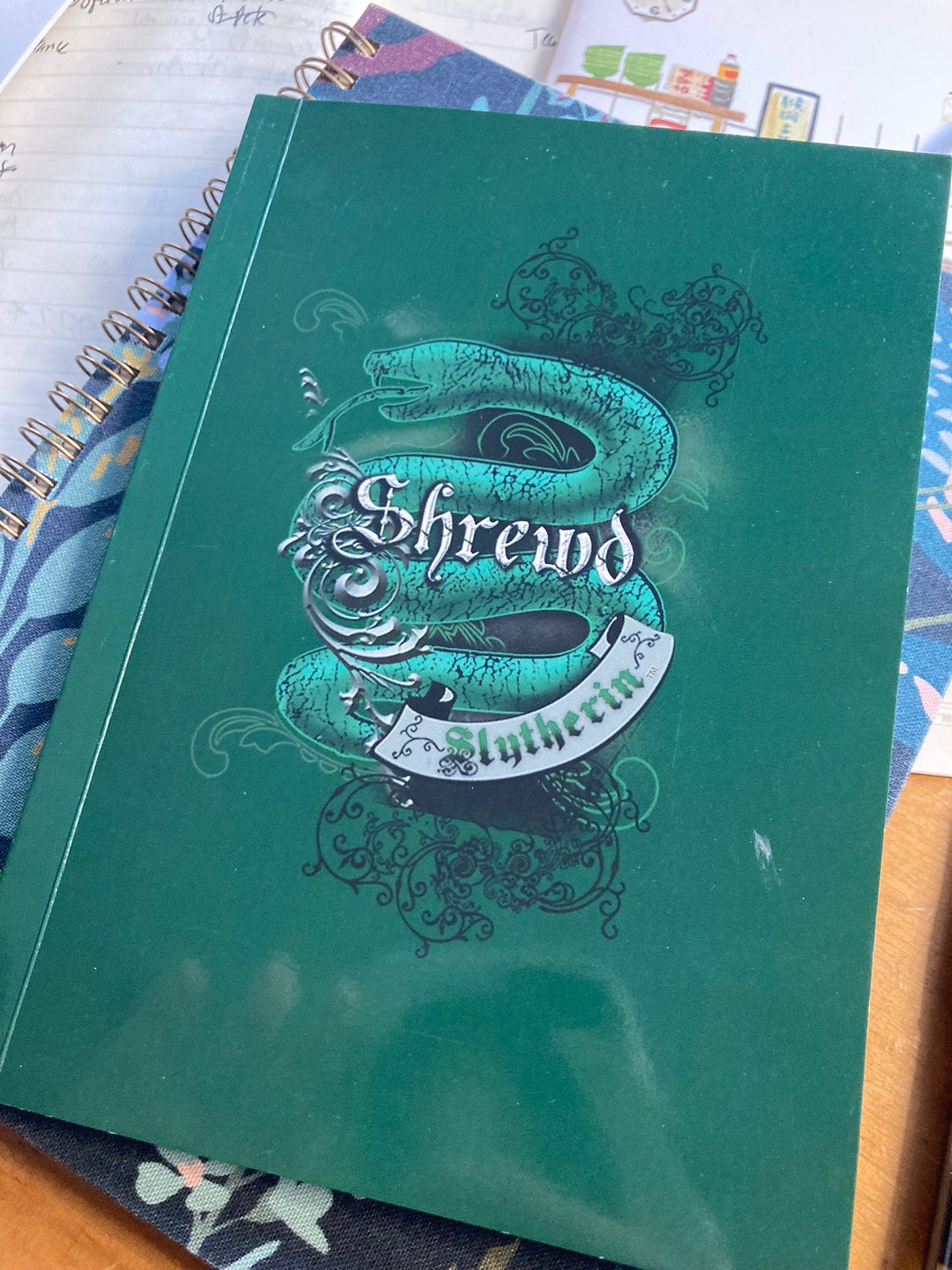 Green notebook with the Slytherin logo and the words "Shrewd"