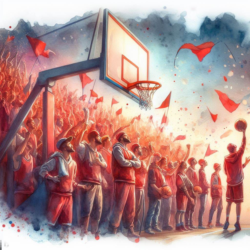 An army of basketball fans watching a basketball game and cheering, watercolor