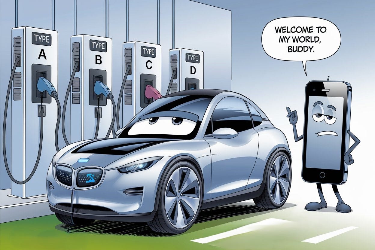 Cartoon illustration: A sleek and modern anthropomorphized electric car with a confused expression stands next to several electric charging stations, each with a differently shaped plug, labeled "Type A," "Type B," "Type C," "Type D". The car looks frustrated. Next to the car is an anthropomorphized smartphone with a knowing expression, saying: “Welcome to my world, buddy.” The scene is humorous, highlighting the frustration of dealing with incompatible charging systems. The style is lighthearted and colorful.