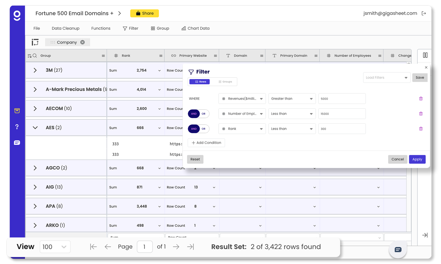 Gigasheet's interface allows users to quickly find insights by segmenting and filtering large datasets