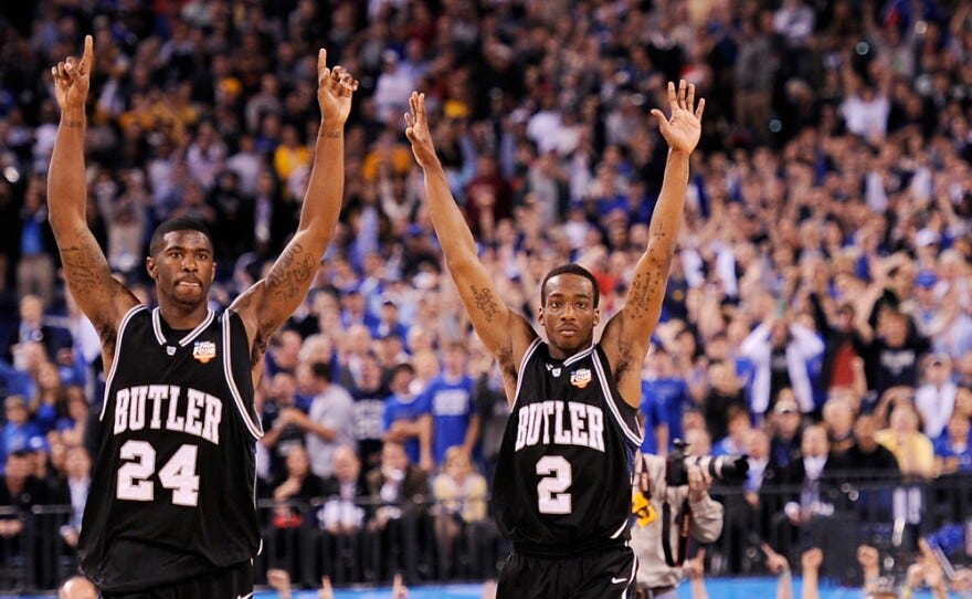 Butler's Avery Jukes (left) and Shawn Vanzant exult after Butler's 52-50 win over Michigan State to reach the NCAA championship game.