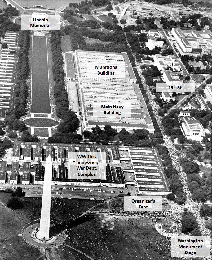 East to west photo of the National Mall from August 28, 1963. The Lincoln Memorial is at the top of the screen.