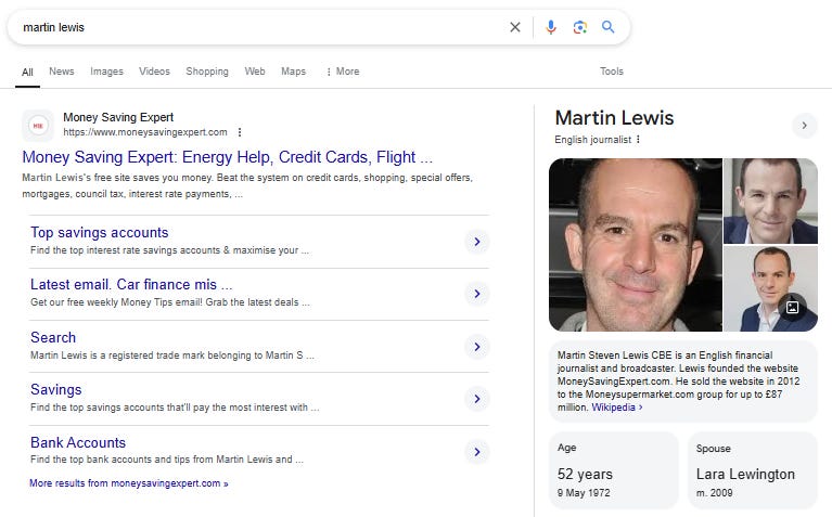 A screenshot of a Google search for 'Martin Lewis' with Money Saving Expert in position 1