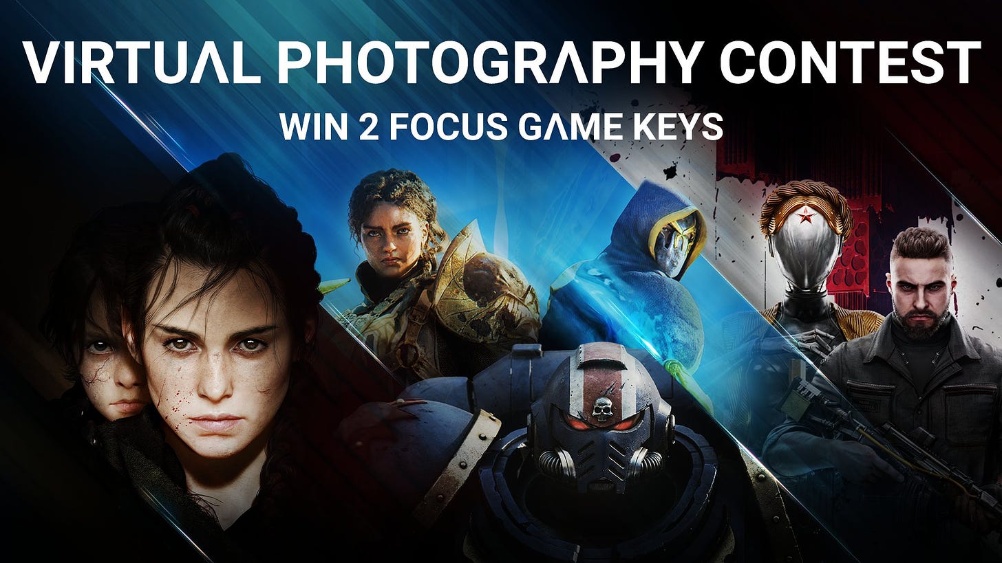 A visual for the announcement of a Figurines Contest. There are visuals of several Focus' games: A Plague Tale: Requiem main art on the left, Atlas Fallen and Space Marine 2 in the middle, and Atomic Heart on the right side.  At the top of the visual, it is written "Virtual Photography Contest: Win 2 Focus Game keys!".