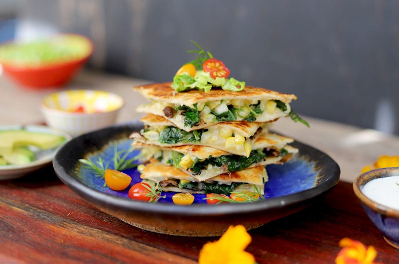 Little Corn, Shiitake, and Spinach Quesadilla, Cook the Vineyard