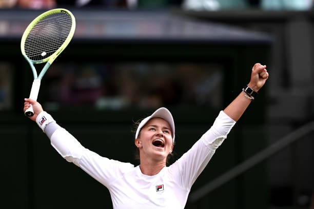 Barbora Krejcikova of Czechia celebrates winning match point against Elena Rybakina of Kazakhstan in the Ladies' Singles Semi-Final match during day...