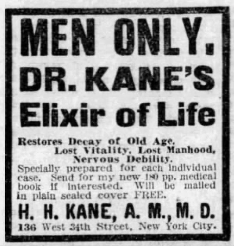 A text-based newspaper advertisement headlined 'Men only, Dr Kane's Elixir of Life.'