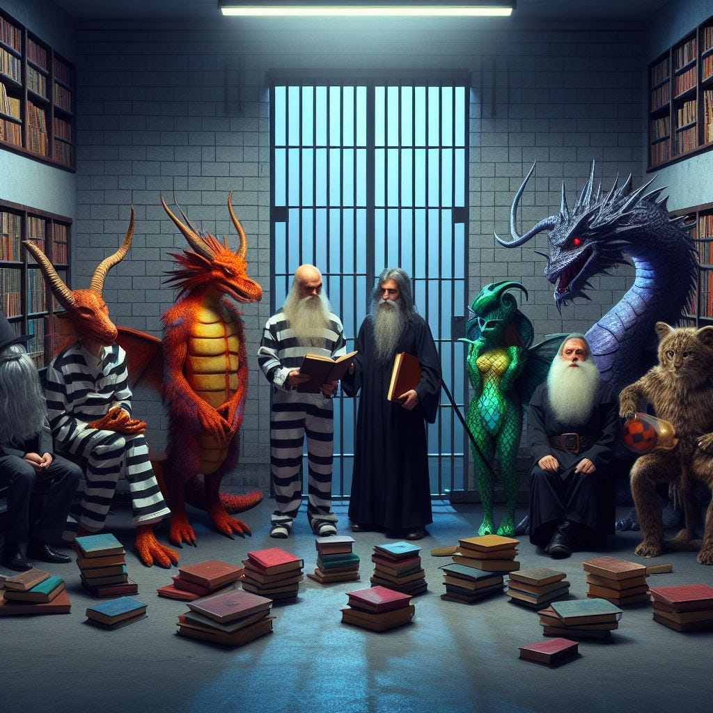 a prison cell with characters from fantasy and magic books being arrested