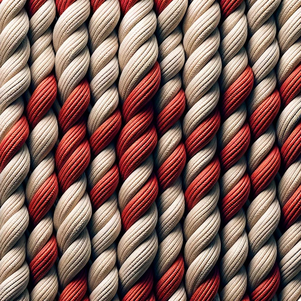A close-up shot of uniform lines of braided ropes with sections of red, arranged in straight, parallel rows without any crisscross patterns. The ropes should be neatly aligned, showcasing their texture and intricate braiding. The red sections should be evenly spaced along the ropes, creating a neat and orderly visual effect that highlights the contrast between the neutral-colored ropes and the vibrant red sections.